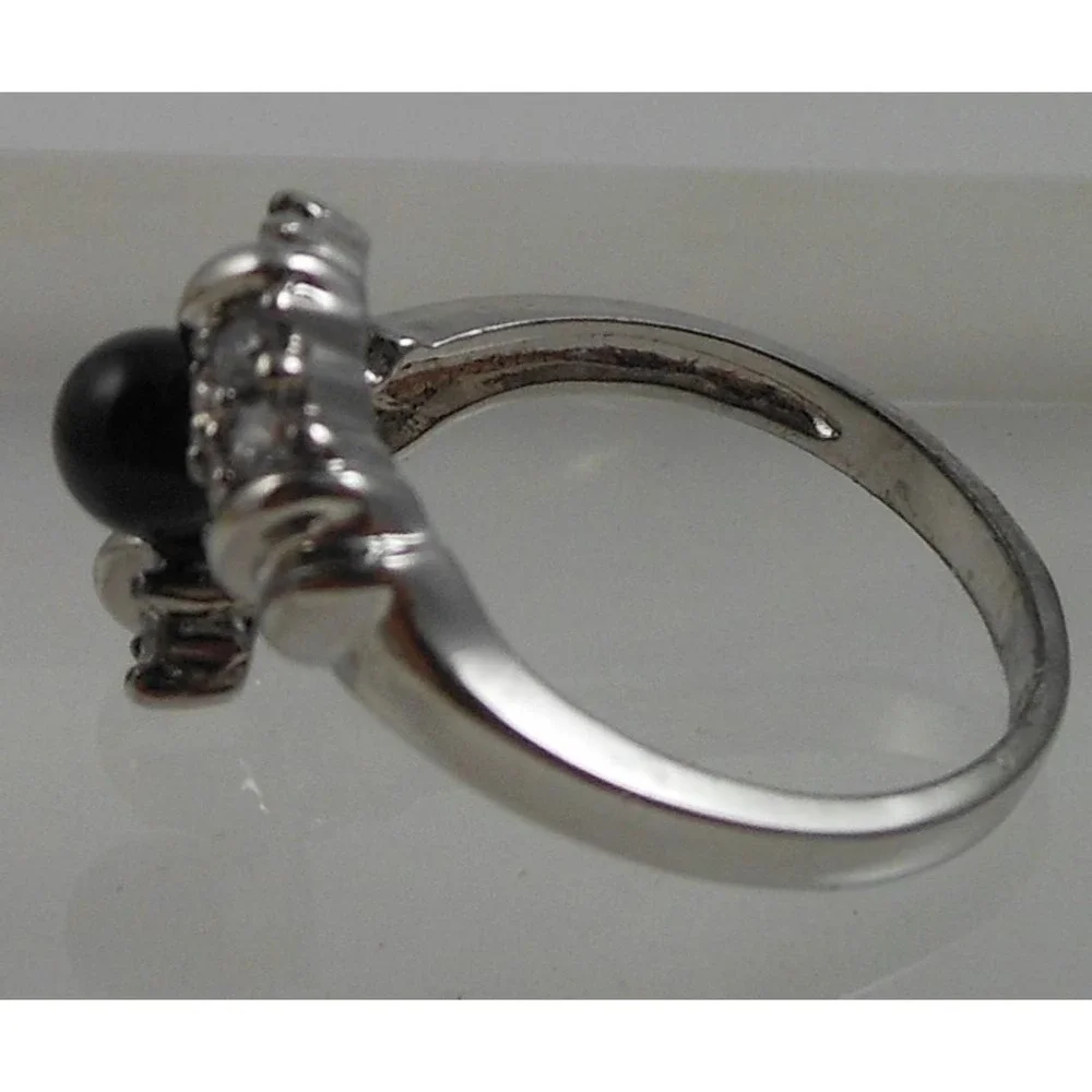 Vintage 90s Black Onyx Bead Bypass Ring‎ 925 Sterling Silver CZ Size 8 15mm Wide